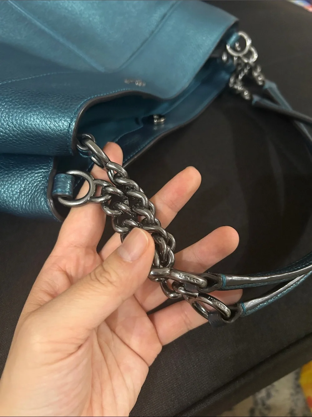 Coach Lexy Metallic Peacock Blue Teal Pebbled Leather Chain Shoulder Bag Purse